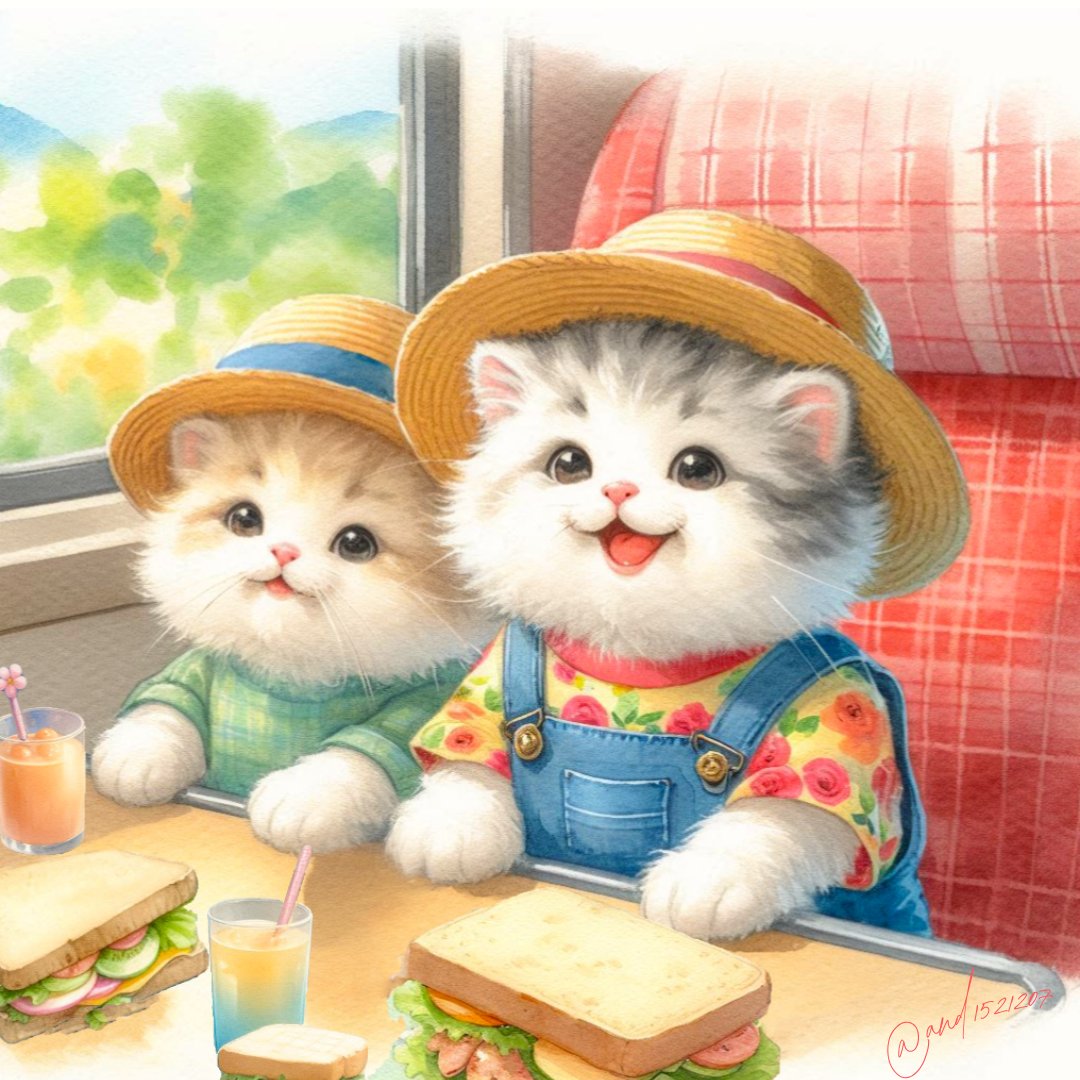 and1521207's tweet image. 田舎のじーちゃんちに帰るニャ😺🚞
They think it's just the two of them on this grand adventure 🐾🎒.
Meanwhile, two rows back, Mom and Dad pretend not to notice—
but are low-key freaking out, snacks 🍪 and first aid kit 🚑 at the ready 😹.
#aiart #AIイラスト #cat #猫