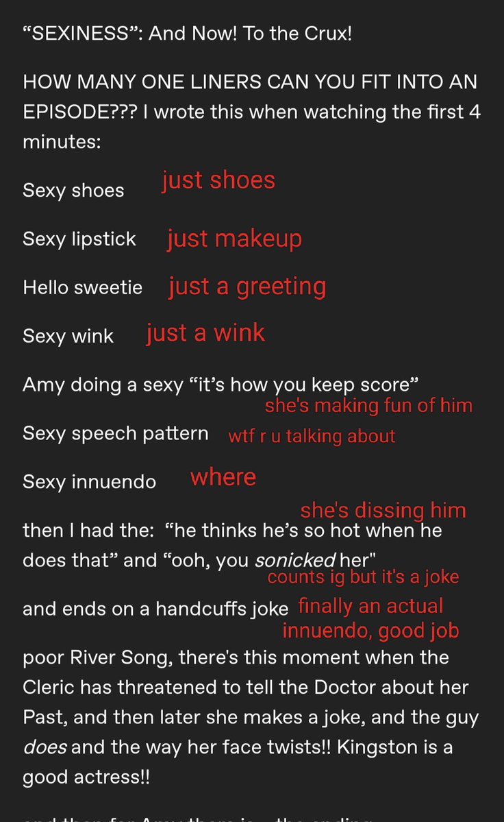 oceanballadsimp's tweet image. stumbled on a tumblr post about how insufferably sexually charged the dialogue in the time of angels/flesh and stone two parter is. "HOW MANY ONE LINERS CAN YOU FIT INTO AN EPISODE???" well let's count