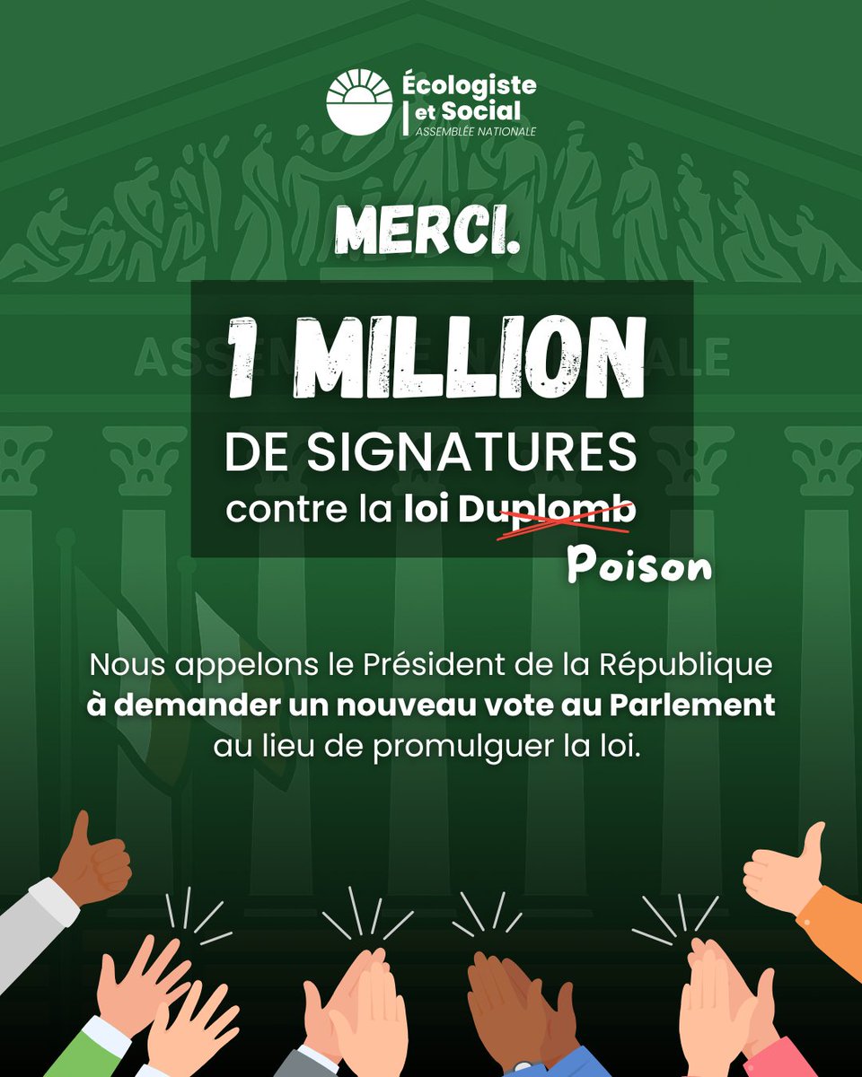 🚨 1 MILLION ! 🚨

C’est un véritable raz-de-marée citoyen : la pétition contre la loi Duplomb vient de franchir le cap des 1 000 000 de signatures !

Merci. ✊