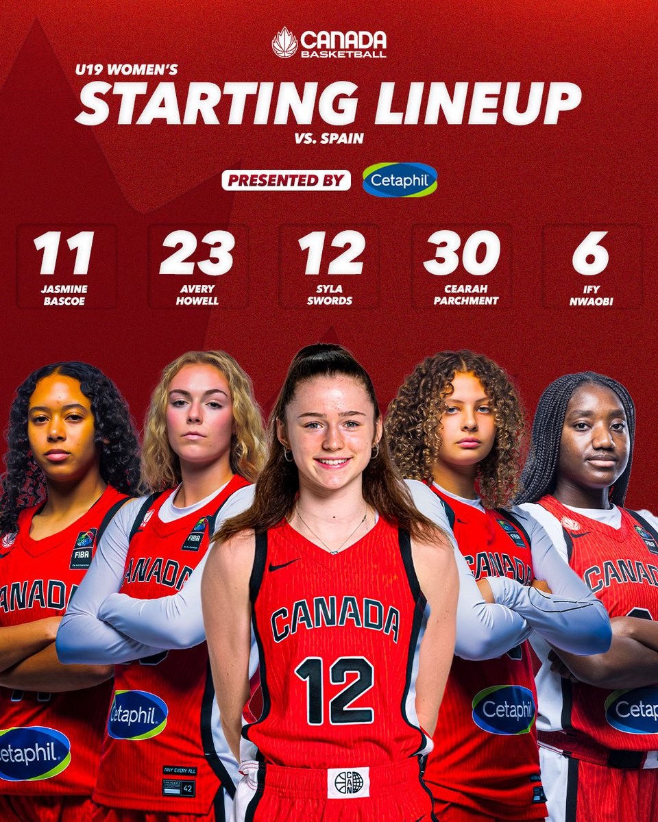 CanBball's tweet image. Today’s starting lineup vs. Spain, presented by Cetaphil 🇨🇦
—
Formation partante d’aujourd’hui contre l’Espagne, présentée par Cetaphil 🇨🇦
#U19Women