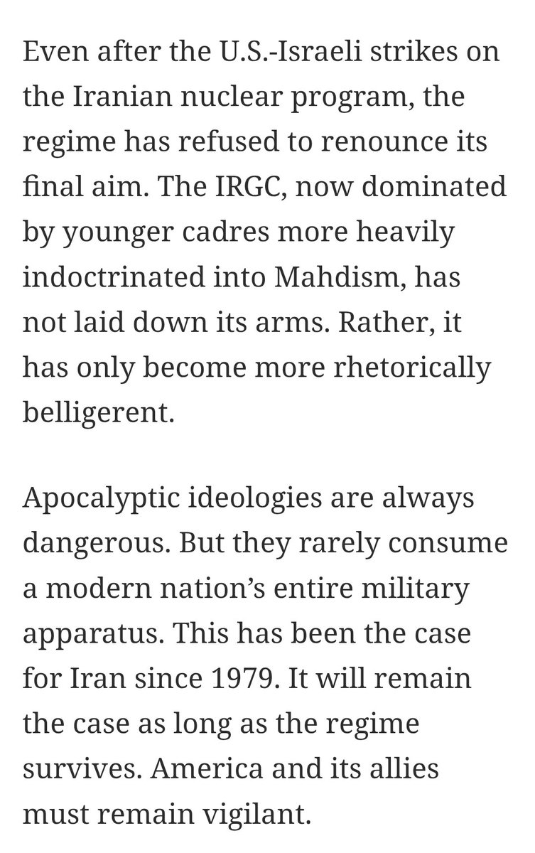 ratlpolicy's tweet image. Even after the debilitating US-Israeli strikes on Iran, it remains a threat. Not due to its current military position, but because of the millenarian theology the regime embraces. Combine that eschatology with nuclear weapons & you have a recipe for disaster.
My latest at @NRO: