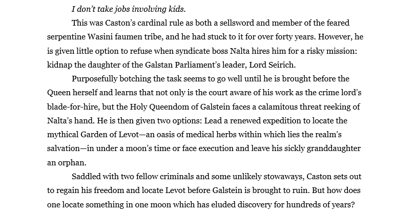 🔴ATTENTION!!🔴

Seeking perhaps 2-3 beta readers for a standalone quest fantasy manuscript. At 97K words, The Garden of Levot is best described as ATLANTIS: THE LOST EMPIRE meets SIX OF CROWS. Send me a DM if interested.

Blurb and mood board below👇