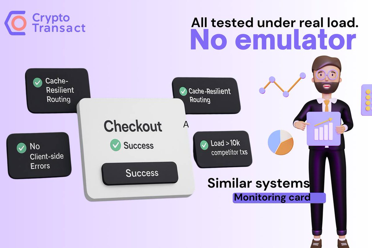 We don’t simulate stress — we survive it.
 Cache-resilient routing
 Zero client-side errors
 Checkout success even under 10k+ tx bursts

#CryptoTransact isn’t lab-certified.
It’s live-validated.