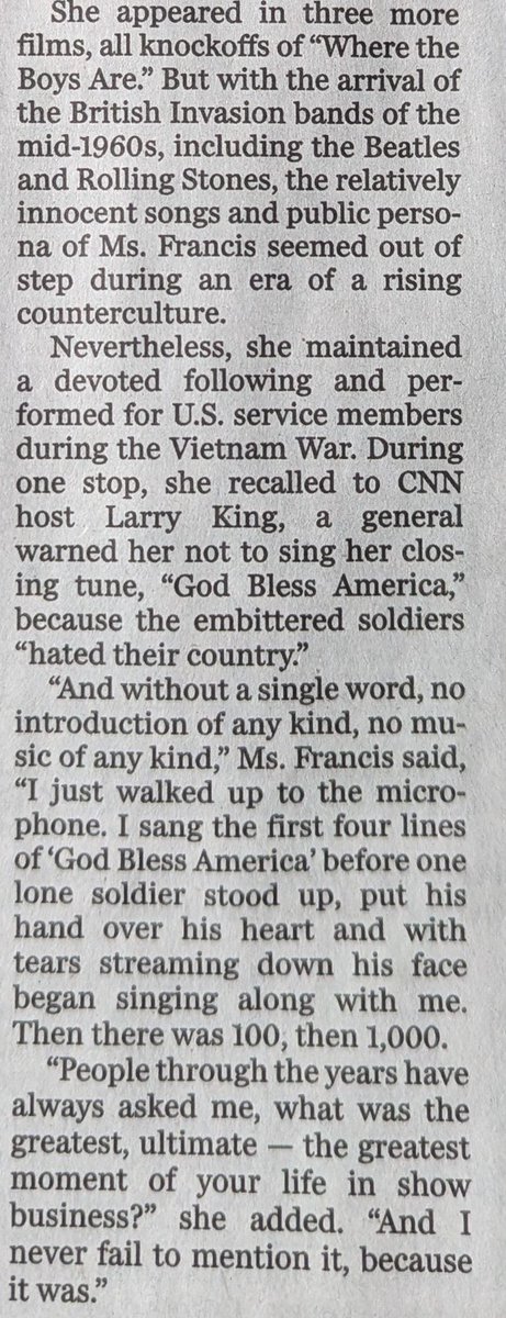 BrentHBaker's tweet image. Heartening anecdote in Friday's @WashingtonPost obit by Matt Schudel for Concetta Franconero (Connie Francis) who died at age 87.