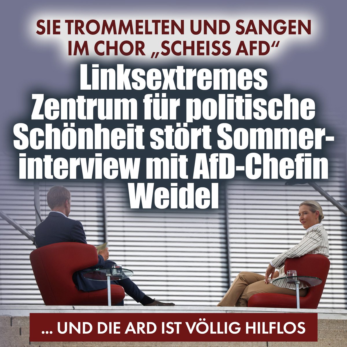 Die ARD hat sich beim Sommerinterview mit Alice Weidel massiv blamiert – und eine Störaktion zugelassen, die mit Geräuschen, darunter einem „Scheiß AfD“-Chor, das Gespräch torpedierte. Hinter der Aktion steckt das Zentrum für politische Schönheit. nius.de/medien/news/ar…