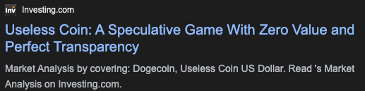 hichamgenerous's tweet image. So, @Investingcom published an article about the #USELESS coin yesterday and then removed it. They must be feeling the pressure. This could be a sign for all of us that Useless might lead the way to a much higher place.