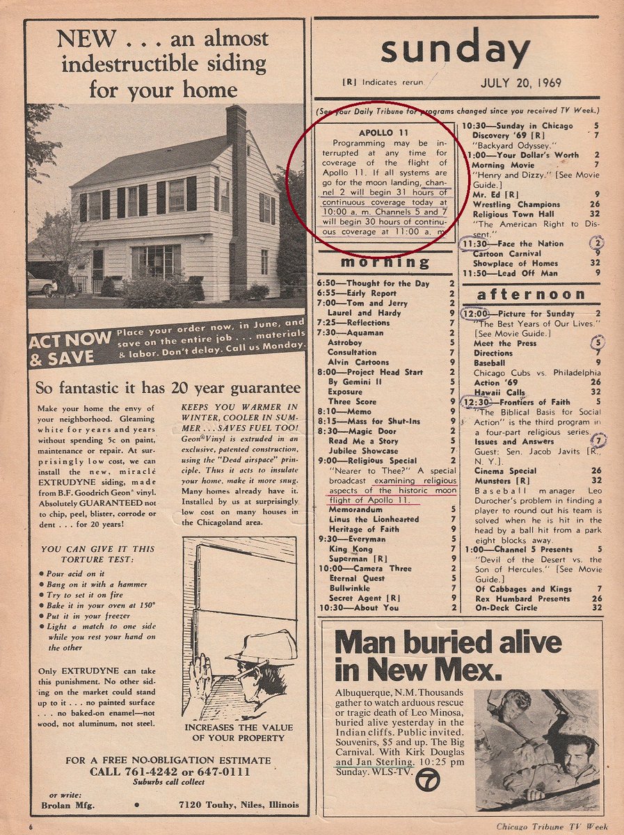 ChicagoTVGuides's tweet image. On this day in 1969
⭐️ Apollo 11 Moon Landing ⭐️
CBS, NBC, and ABC broadcast 30 continuous hours of coverage (see note circled in red).
Chicago Tribune TV Week. July 20, 1969