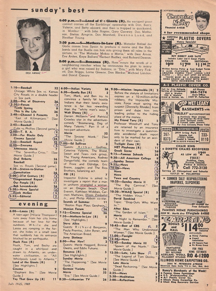 ChicagoTVGuides's tweet image. On this day in 1969
⭐️ Apollo 11 Moon Landing ⭐️
CBS, NBC, and ABC broadcast 30 continuous hours of coverage (see note circled in red).
Chicago Tribune TV Week. July 20, 1969