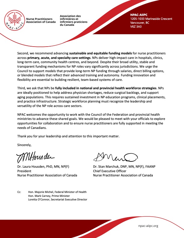 NPAC has written to Premier Ford and the Council of the Federation ahead of their upcoming meeting, urging bold action to strengthen Canada's health system by fully supporting Nurse Practitioners (NPs).
#NPsLead #cdnhealth #NPAC #CouncilOfTheFederation