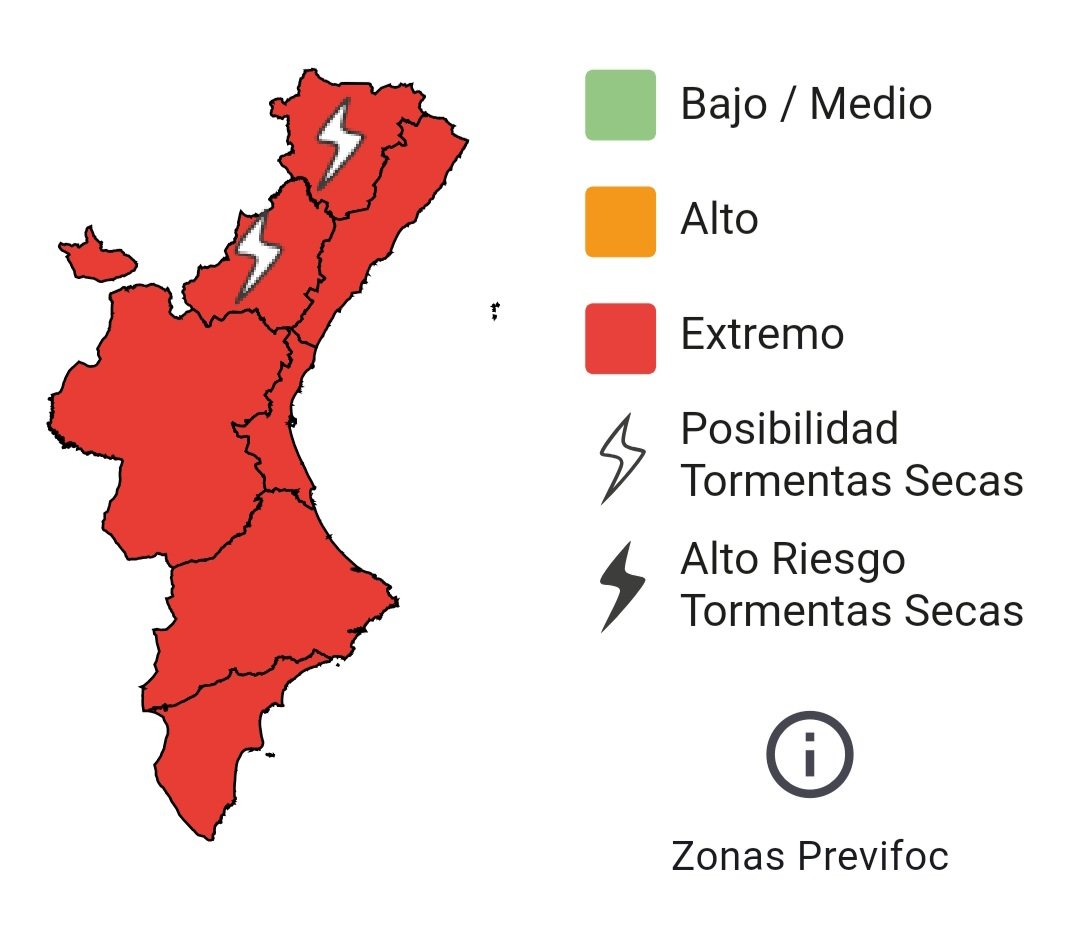 🔥El nivell de preemergència per risc d'incendis forestals per a denà 21/07 és:   

 🔴EXTREM a tota la Comunitat Valenciana.  

❌🔥Realitzar qualsevol tipus de foc està prohibit

📲Si veus foc o fum, telefona ràpidament a l'112.