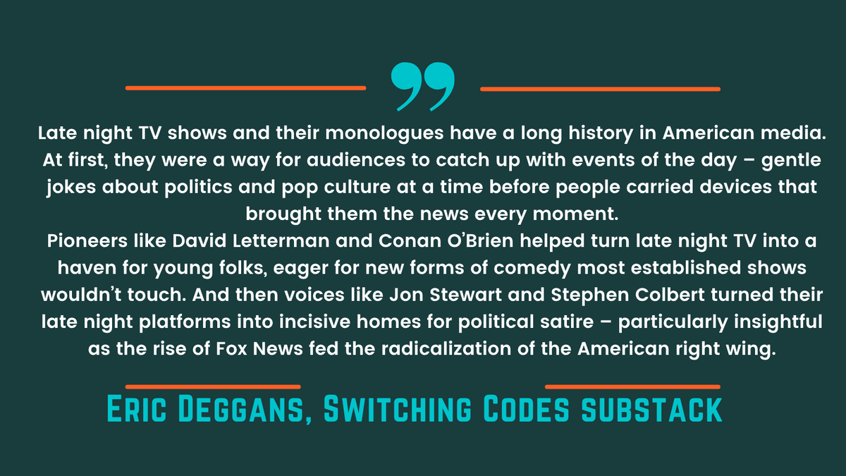 Deggans's tweet image. Here's my Substack essay on what we all lose when satirists like Stephen Colbert get cancelled and columnists at the Washington Post and LA Times are corralled by wealthy ideologues: loom.ly/YEXVHco