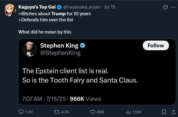 eurorabbit's tweet image. So, all these guys that have hated Trump for years are now going out of their way to let him off the hook over Epstein.
