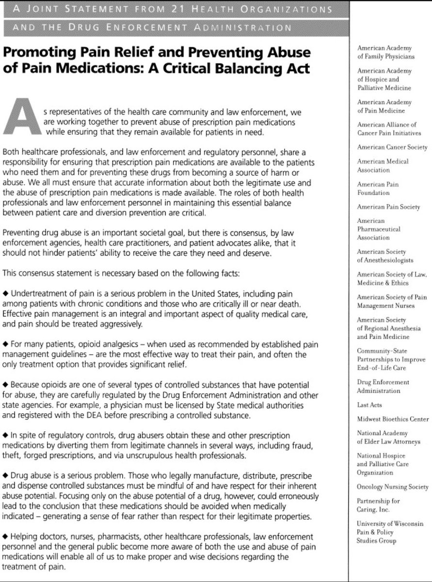 yancykm's tweet image. In 2001, the DEA & 21 organizations published this joint statement to bring a more balanced approach to the "opiophobia" that was happening then.
Just like what is seen today.
Where are these organizations at now?
jpsmjournal.com/article/S0885-…