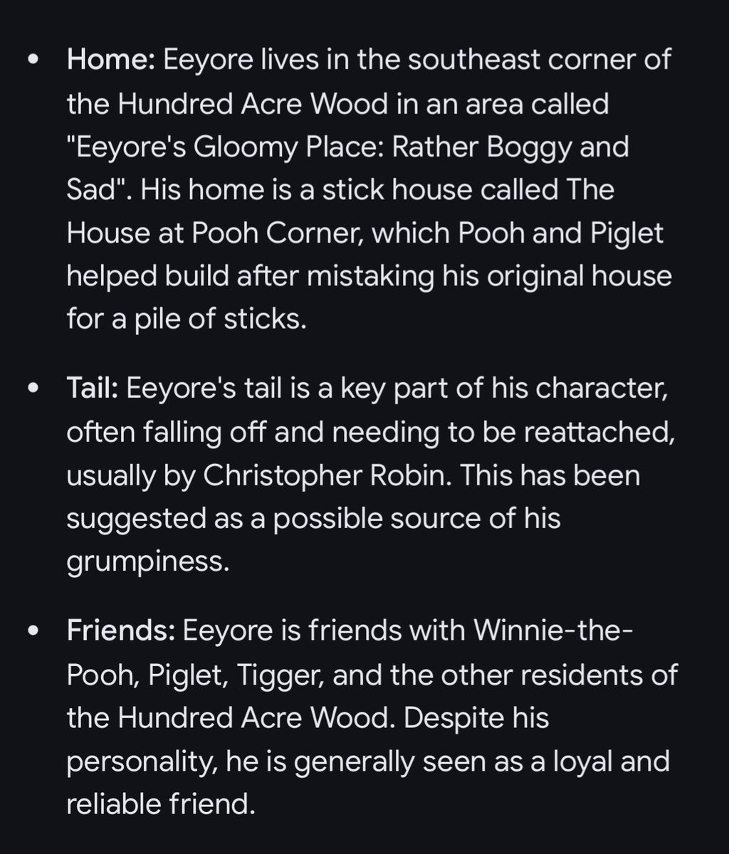 528_Herts's tweet image. Sum deez bio’s complicated.
Eeyore is a gloomy, pessimistic character, known for his droopy demeanor, slow speech, and perpetually losing his tail. His personality contrasts with the cheerful optimism of other characters, making him a melancholic but endearing figure. Eeyore’s…