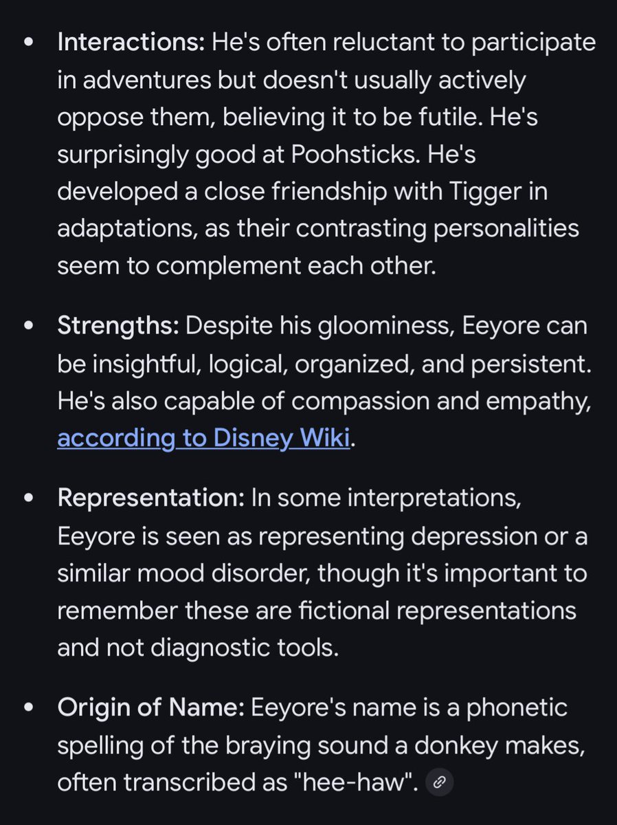 528_Herts's tweet image. Sum deez bio’s complicated.
Eeyore is a gloomy, pessimistic character, known for his droopy demeanor, slow speech, and perpetually losing his tail. His personality contrasts with the cheerful optimism of other characters, making him a melancholic but endearing figure. Eeyore’s…