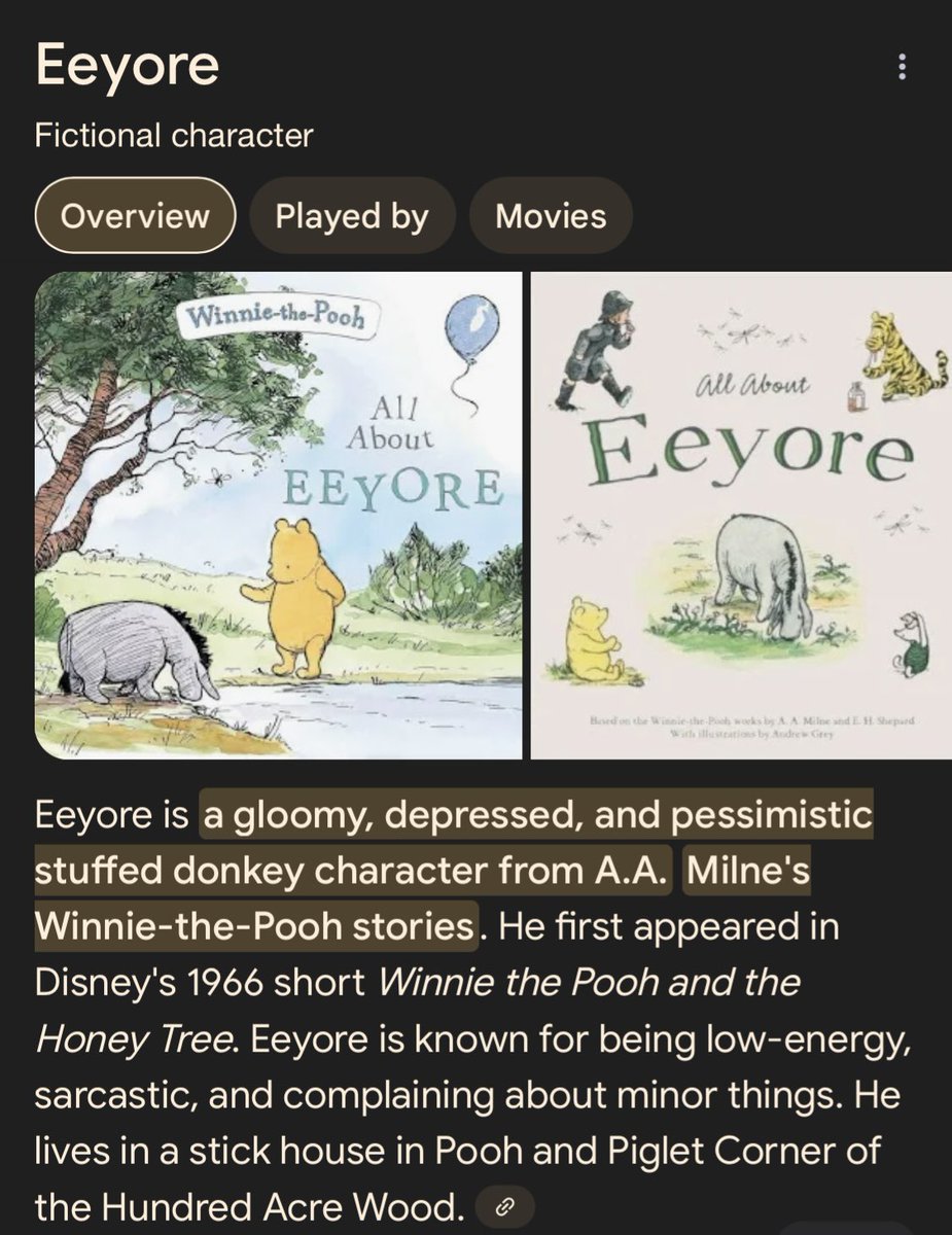 528_Herts's tweet image. Sum deez bio’s complicated.
Eeyore is a gloomy, pessimistic character, known for his droopy demeanor, slow speech, and perpetually losing his tail. His personality contrasts with the cheerful optimism of other characters, making him a melancholic but endearing figure. Eeyore’s…