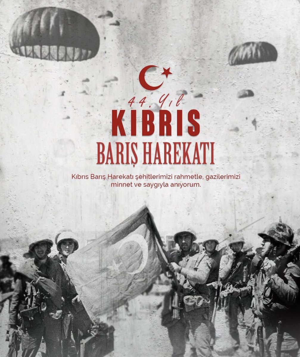 20 Temmuz 1974
Zulmün karşısına imanla dikilen bir milletin destanıdır.

Kıbrıs Türkü’nün onuru, şehitlerimizin fedakârlığı, Mehmetçiğin iradesiyle yazılmış bir varoluş mücadelesidir.

Türk varsa, umut vardır. 

Türk neredeyse, ay yıldız oradadır.
#20Temmuz 
#kıbrısbarıshareketı