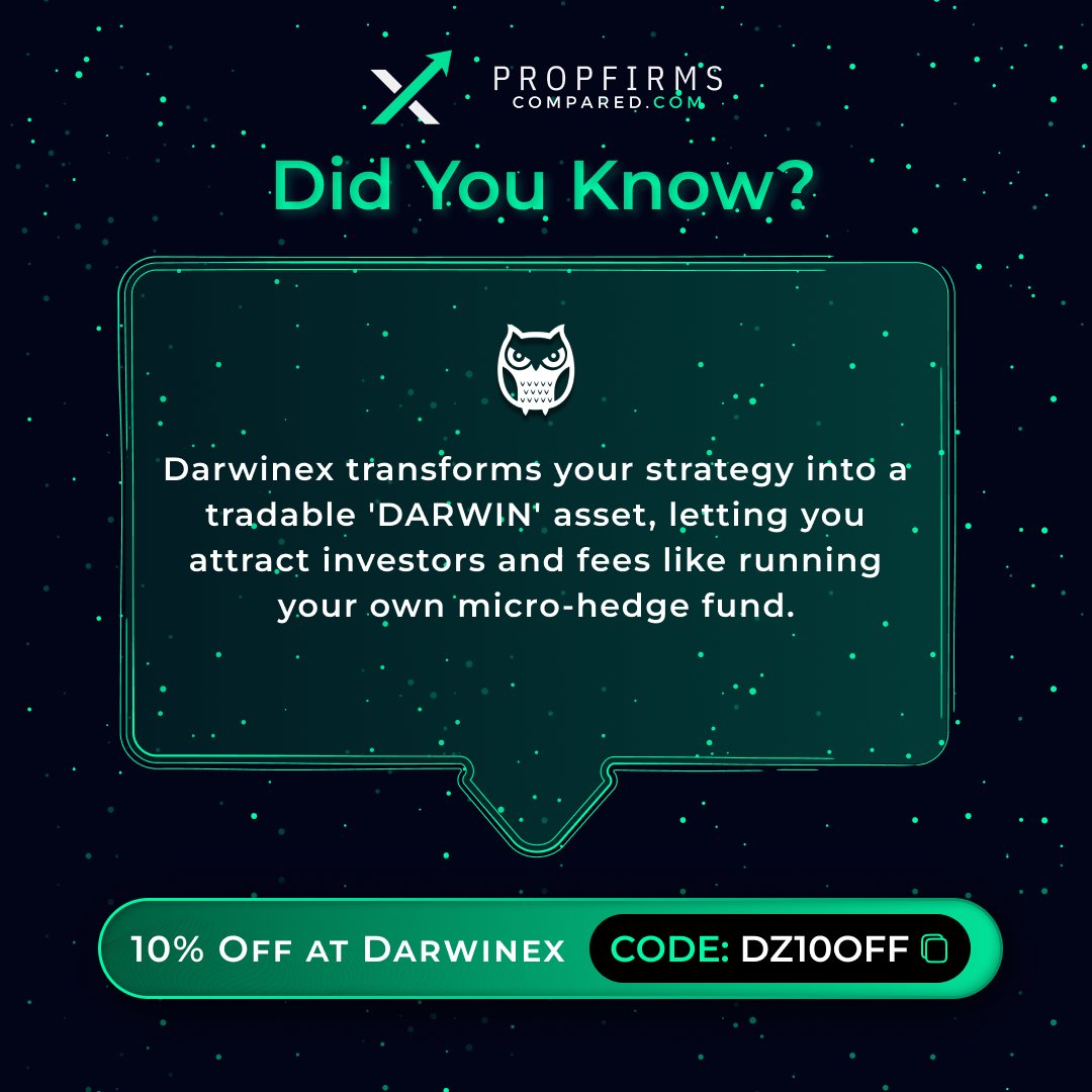 PropFirmsCmpd's tweet image. 🧠 Did You Know?
Turning your strategy into a shareable asset at @DarwinexZero builds a network effect – attracting followers who boost your earnings while enhancing your own trading scale.
Ready to go with Darwinex? Buy now:
propfirmscompared.com/prop-firms/dar…
Use code DZ10OFF for…