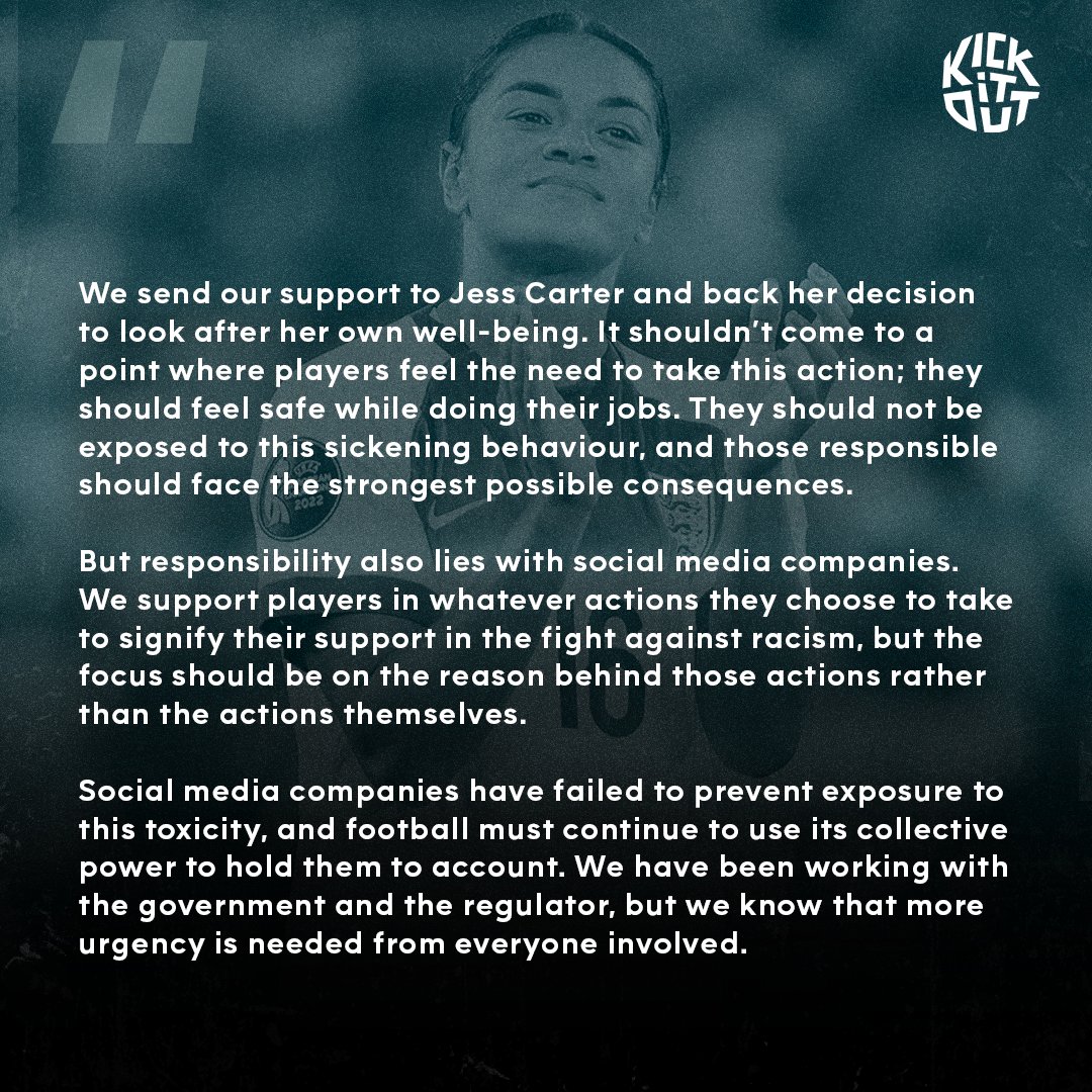 kickitout's tweet image. We send our support to Jess Carter and back her decision to look after her own well-being.
