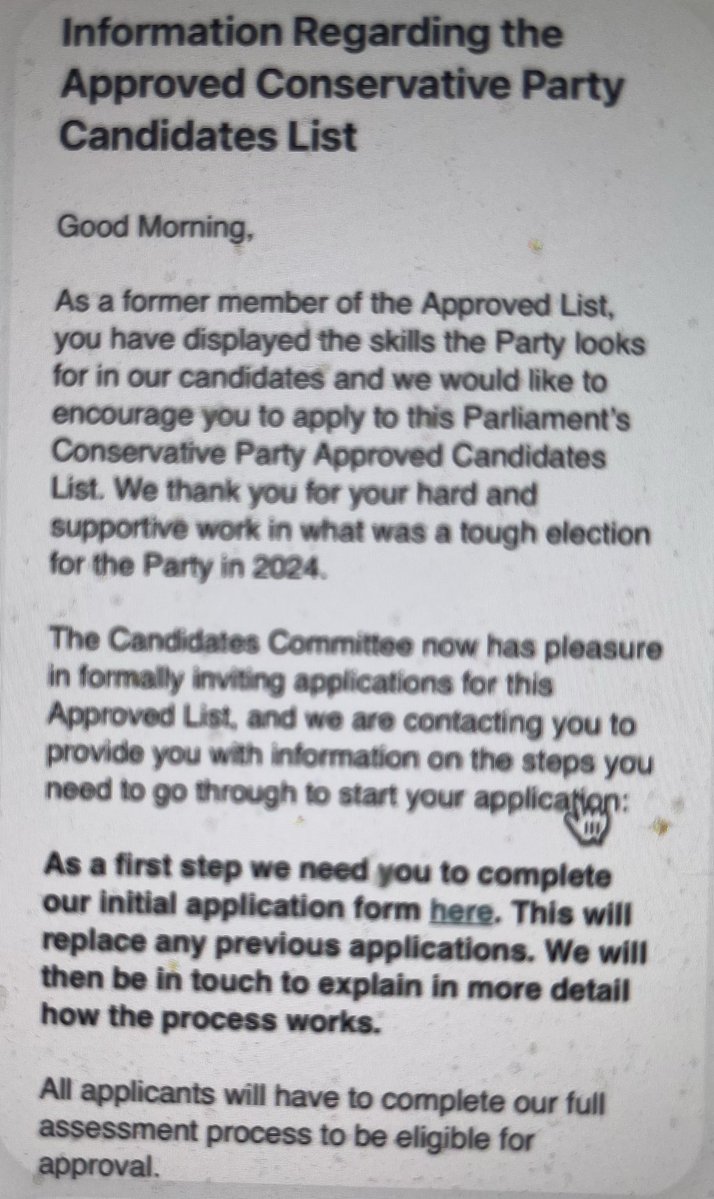 tomorrowsmps's tweet image. On Friday, Conservative HQ sent out a message to approved candidates from before the 2024 election enciuraging them to apply to stand again.