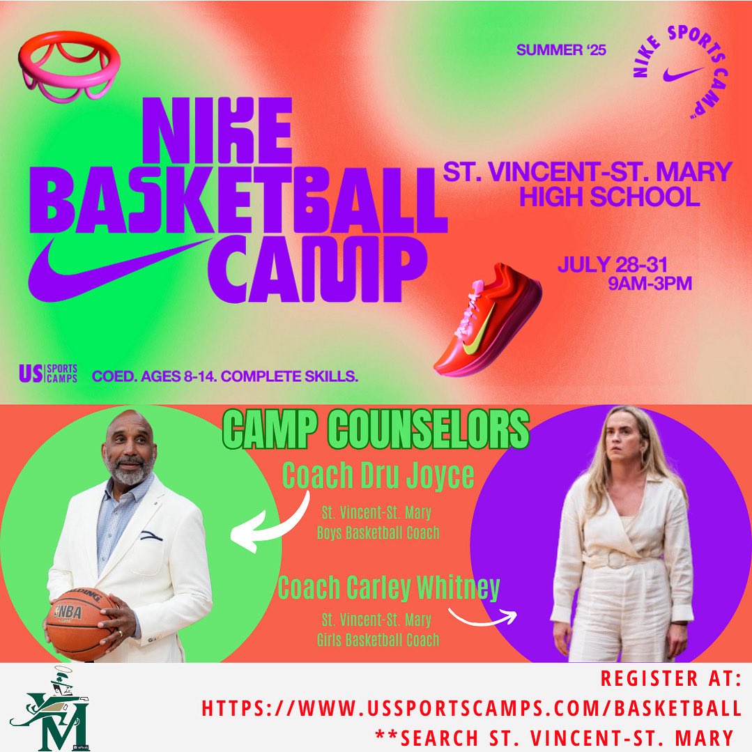 NEXT WEEK! 
ALL DAY Nike Co-Ed Youth Summer Camp @ <a href="/STVMAthletics/">STVM Athletics</a> 
📍 LeBron James Arena- Akron, OH 
🗓️ July 28-31   GIRLS &amp; BOYS 
⏰ 9am-3pm 
🗣️ Camp is 🆙 level fundamentals/skills 4 offense + defense  

🔗 to register ussportscamps.com <a href="/drujoyceclassic/">Dru Joyce Classic</a> <a href="/CoachDruJoyce/">Dru Joyce II</a>