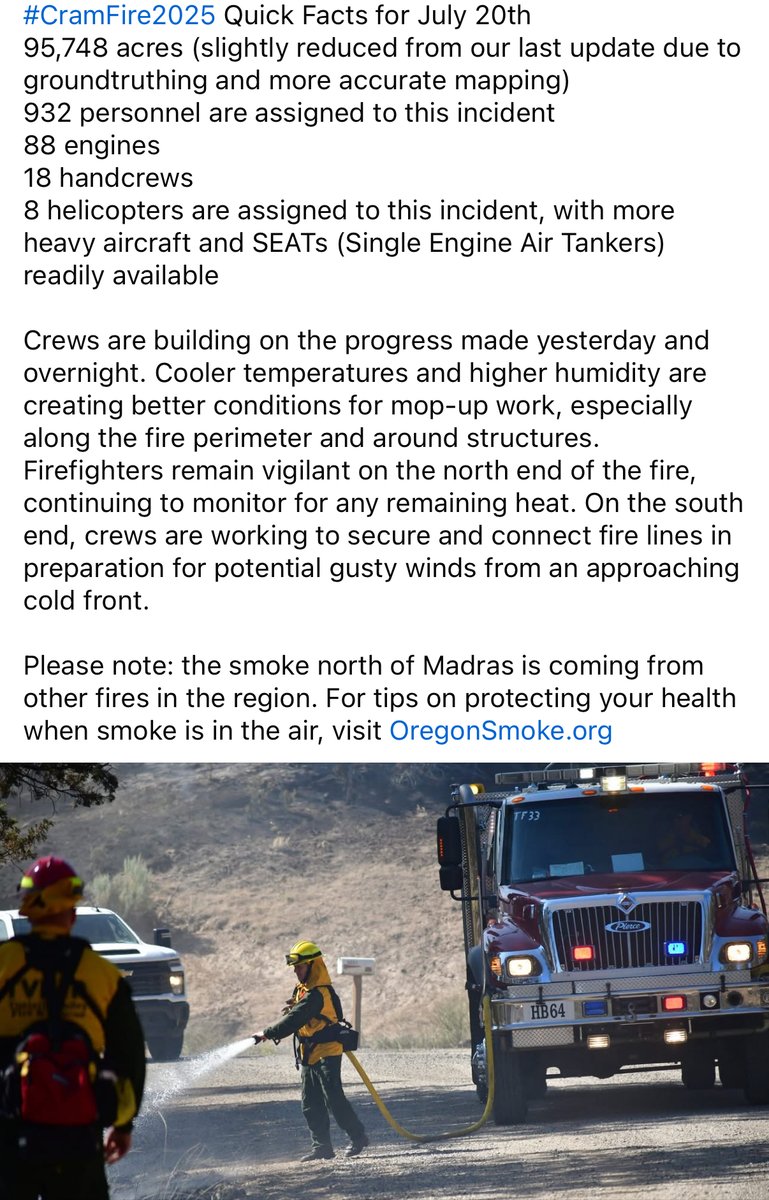 CentralORFire's tweet image. #CramFire2025 Quick Facts for July 20th
95,748 acres (slightly reduced from our last update due to more accurate mapping)
932 personnel are assigned to this incident including 88 engines, 18 handcrews, 8 helicopters.