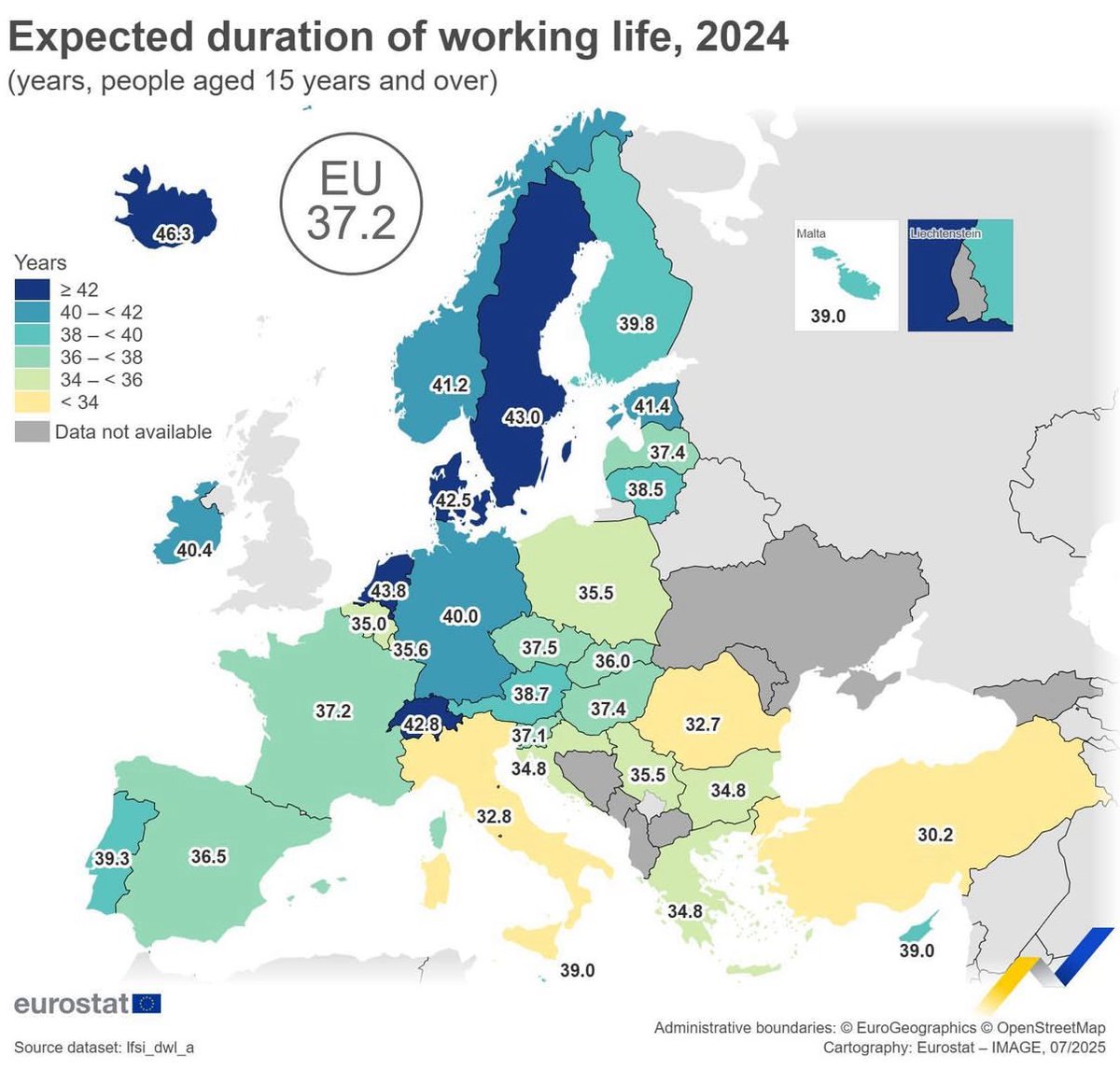 Maarten van den Berg (@mr_smith_econ) on Twitter photo Quiz.
Hoe lang moet een 15 jarige werken per Euro-land om met pensioen te gaan?
Waar staat Nederland?
Jong zijn in Nederland: je bent verloren.
Bron: <a href="/EU_Eurostat/">EU_Eurostat</a>/ ec.europa.eu/eurostat/datab… Quiz.
Hoe lang moet een 15 jarige werken per Euro-land om met pensioen te gaan?
Waar staat Nederland?
Jong zijn in Nederland: je bent verloren.
Bron: <a href="/EU_Eurostat/">EU_Eurostat</a>/ ec.europa.eu/eurostat/datab…