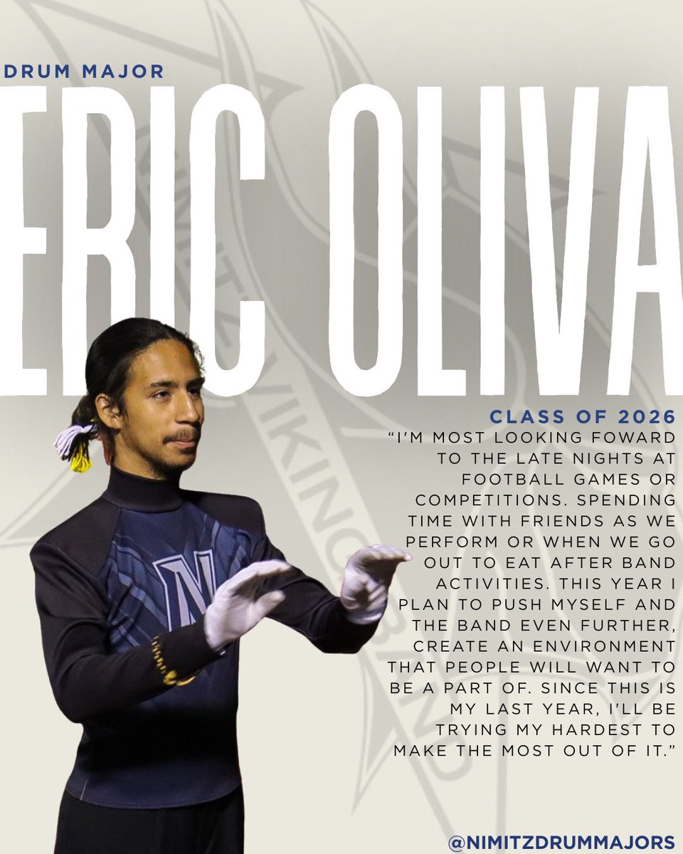 LEADERSHIP SPOTLIGHT: It’s time to meet the 2025-2026 Leadership Team. Meet Eric, a Drum Major! We are excited for you to lead and serve the Nimitz Band this year!

#nimitznation #nimitzvikingband #ALLN #IISDexcellenceinaction #nightfever2025