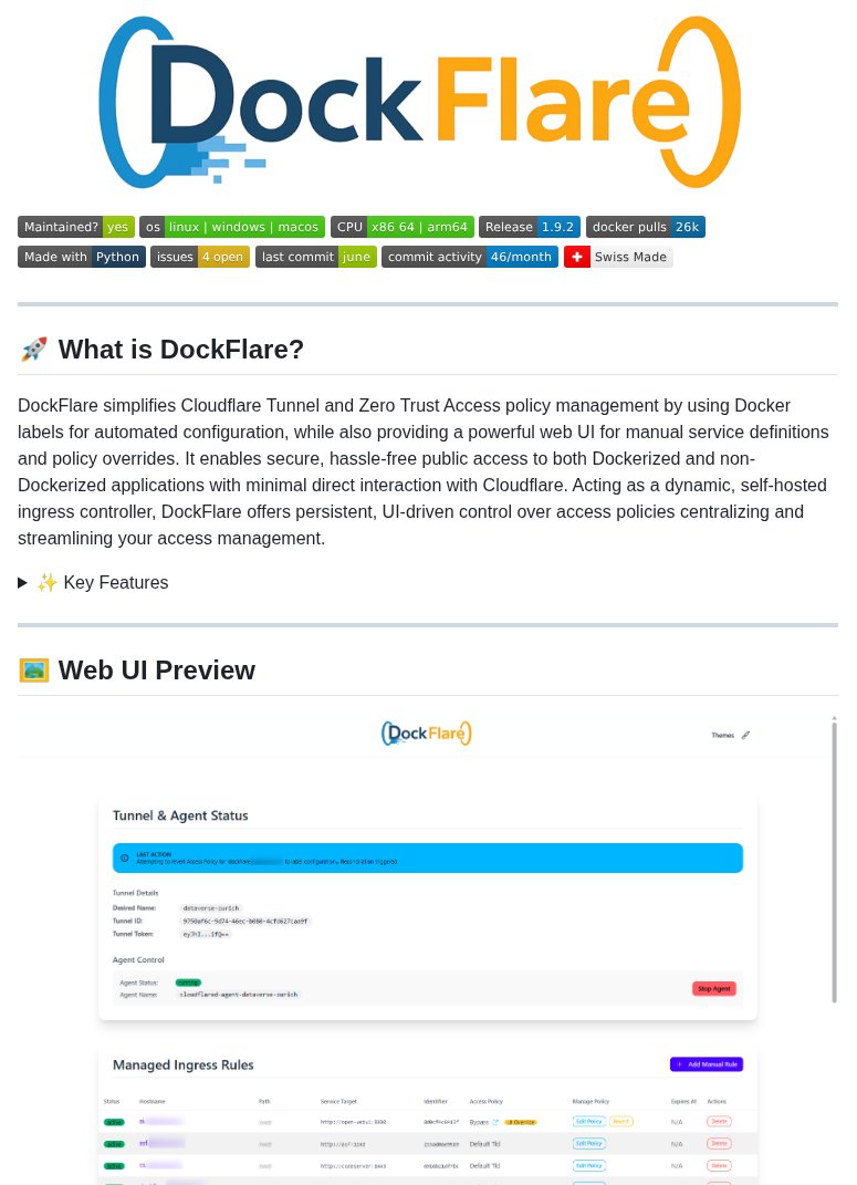 tom_doerr's tweet image. Automates Cloudflare Tunnel setup for Docker apps with easy web UI
