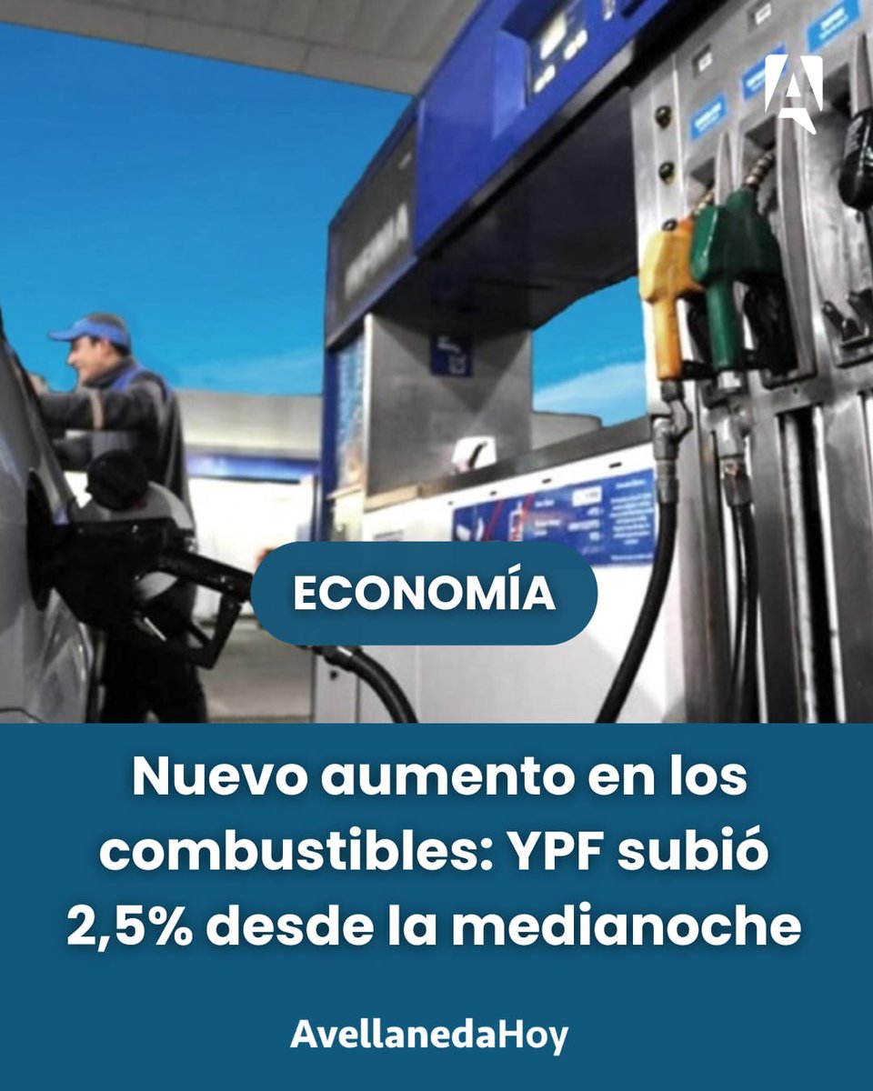 #ECONOMÍA | ⛽📈 Desde la medianoche, #YPF, la petrolera de mayoría estatal, aplicó un nuevo aumento del 2,5% promedio

🗓️ Es el segundo ajuste en julio, luego del 3,5%

💵 Nuevos precios vigentes:
🔹 Súper: $1.259
🔹 Premium: $1.490
🔹 Gasoil: $1.264
🔹 Euro: $1.459