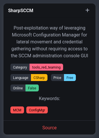 rawsec_cyber's tweet image. New tools were added on the #Rawsec #Cybersecurity Inventory

@noraj_rawsec added  

📌 ggshield by @gitguardian
📌 Misconfiguration Manager by @subat0mik
📌 SharpSCCM by @_Mayyhem
📌 SCCMHunter by @unsigned_sh0rt

inventory.raw.pm