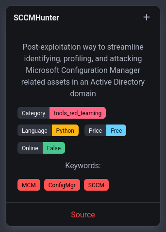 rawsec_cyber's tweet image. New tools were added on the #Rawsec #Cybersecurity Inventory

@noraj_rawsec added  

📌 ggshield by @gitguardian
📌 Misconfiguration Manager by @subat0mik
📌 SharpSCCM by @_Mayyhem
📌 SCCMHunter by @unsigned_sh0rt

inventory.raw.pm