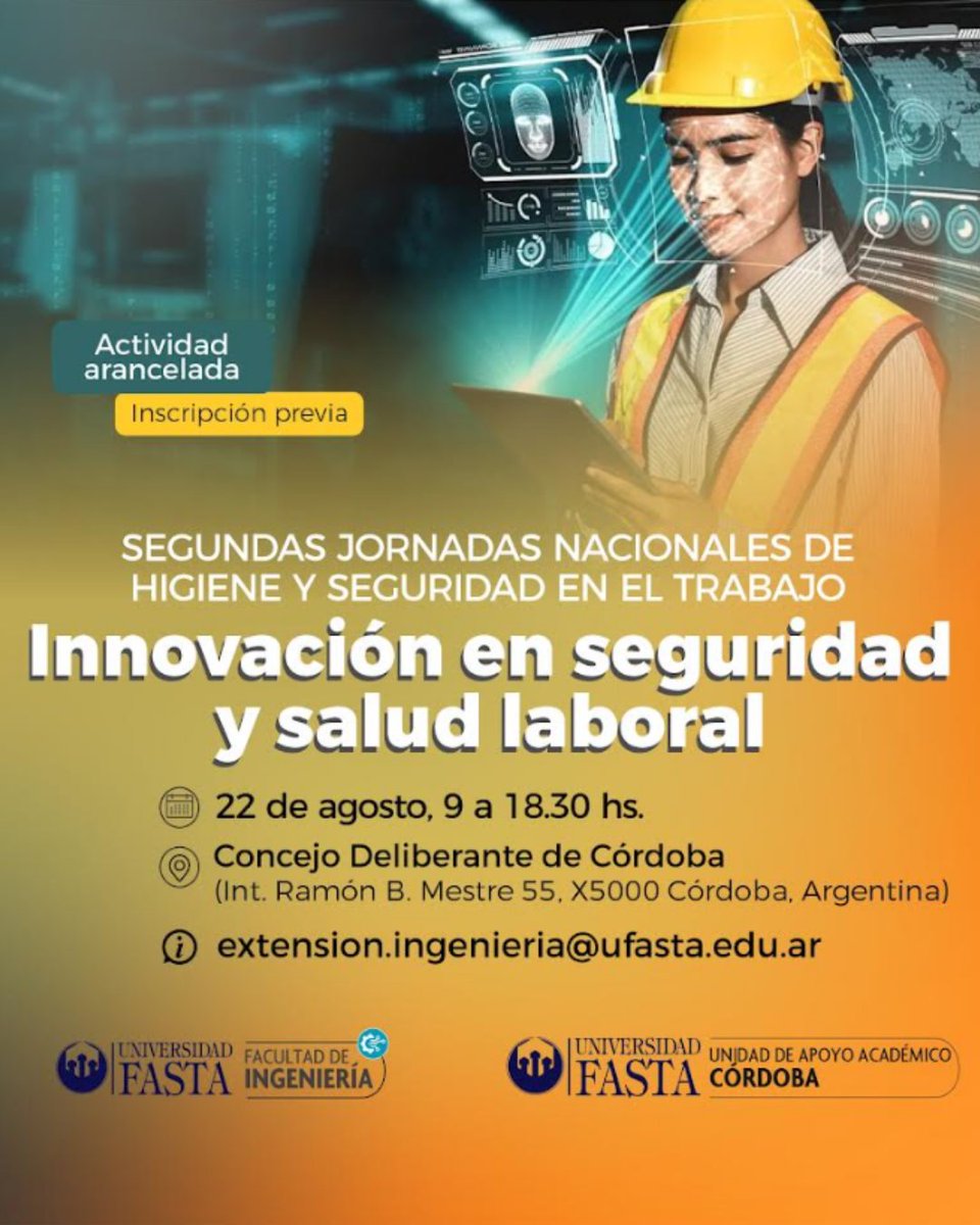 🔴 Segundas Jornadas Nacionales de Higiene y Seguridad en el Trabajo: Innovación en seguridad y salud laboral
📅 22/8 
📌 Modalidad presencial
🏛️ Auditorio del Concejo Deliberante de Córdoba (Int. Ramón Mestre 55) - Córdoba
📝 Más información: ufasta.edu.ar/extension/even…