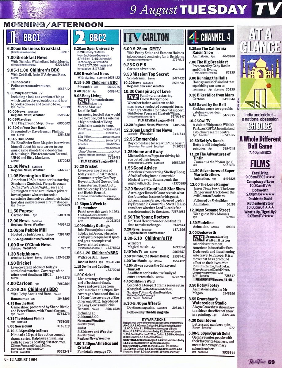 TvDidYouSee's tweet image. #OnThisDay 9 August 1994 📺TV Listings
Another fast and furious game of wit and wisdom in GAGTAG.
The return of sketch comedy THE REAL MCCOY. ROCKO'S MODERN LIFE debuts on 4.
#RogerDaltry guest stars in MIDNIGHT CALLER.
Arthur makes a spectacle of himself in #EastEnders.