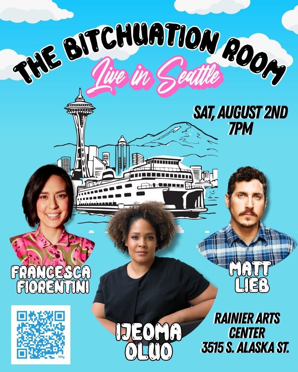 BitchuationPod's tweet image. Less than two weeks till @franifio and the Bitchuation Room crew are LIVE in Seattle!
8/2 SATURDAY 7pm The Bitchuation Room is LIVE with Ijeoma Oluo and @mattlieb at @RainierArts
TIX ON SALE: bit.ly/4khBhnK
Plus catch comedy the night before 8/1 at @LaughscomedySEA