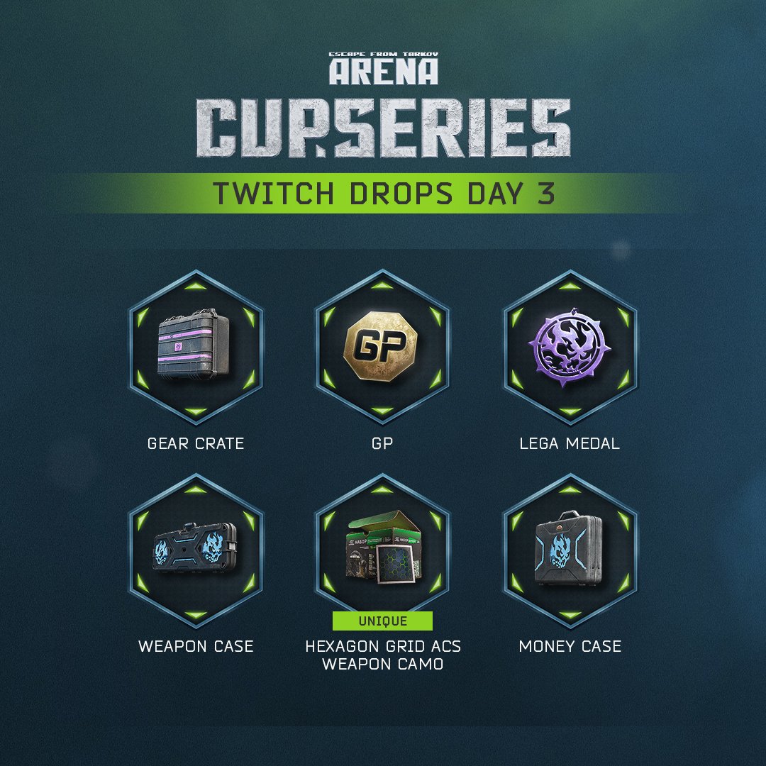 Final day — last chance to get the exclusive weapon paint kit (Hexagon Grid ACS) in Twitch Drops today!

Watch all the matches on the channel: tarkov.com/s/cup_series_4…

#TarkovArena