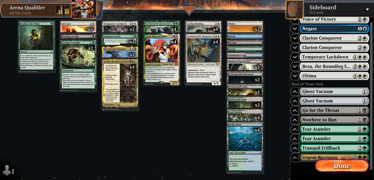 3-0 into 3-2 today... in theory 1 win short to qualify, so sad🤧🤧. Lose to uw control and one UR cauldron with nuts. Played 4c Yuna and the deck feels very good overall, awaken the honored dead is the best Yuna payoff.