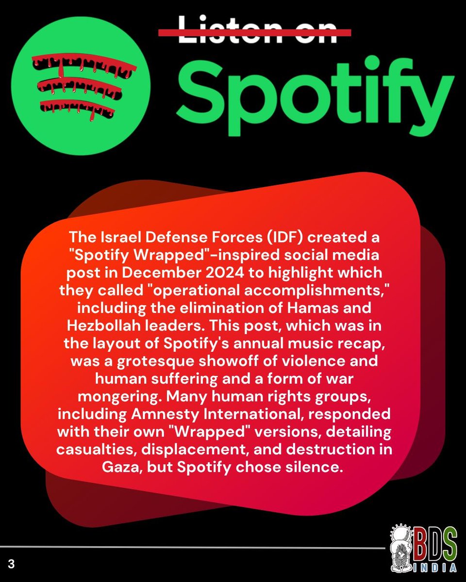 BDS_in_India's tweet image. BOYCOTT SPOTIFY!

Don't Stream Genocide!
LISTEN TO PALESTINE!

#spotify #boycottspotify #bdsinindia #standwithpalestine