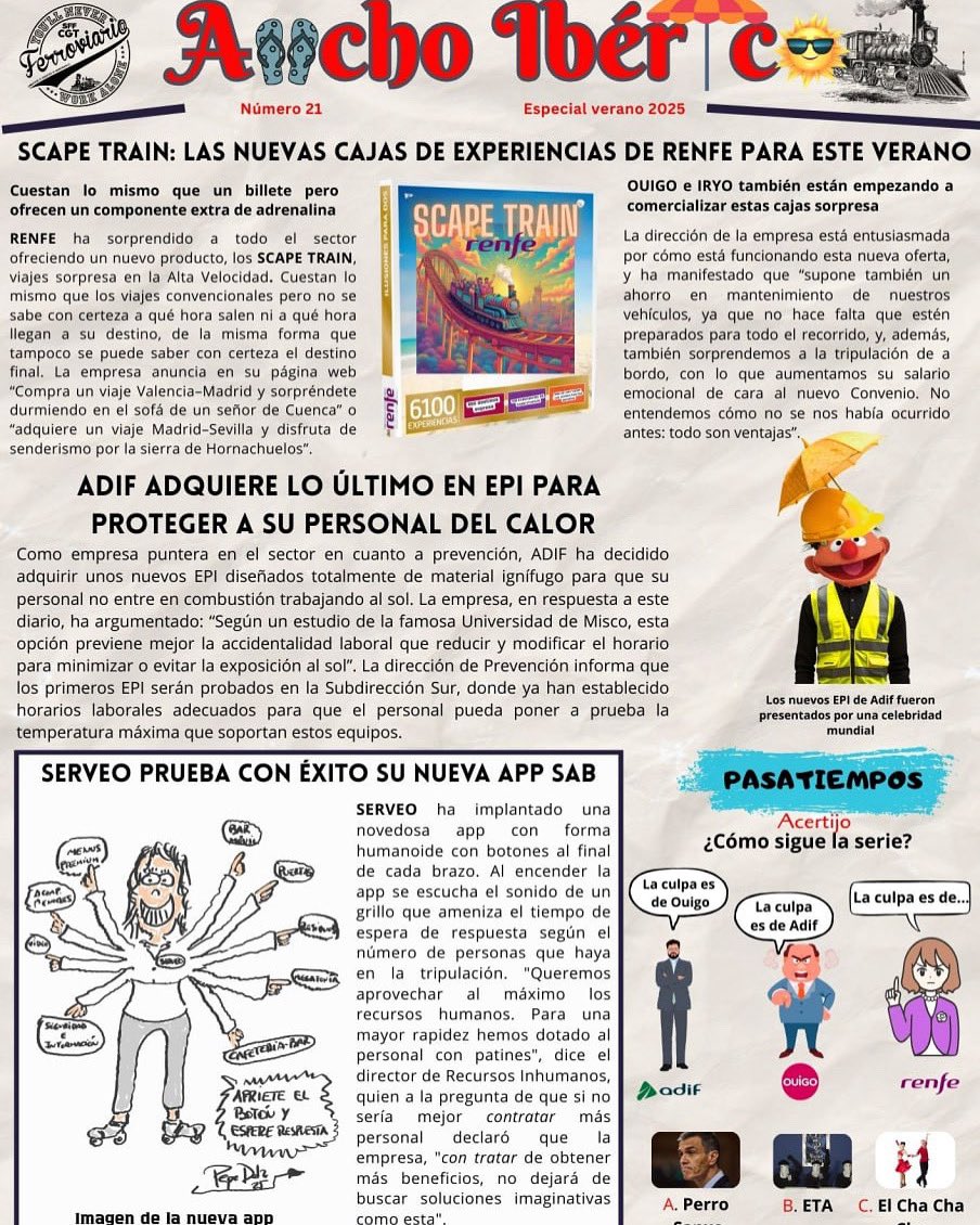 Miguel Montenegro M (@miguelmonteneg5) on Twitter photo 📣📣📣¡Extra, extra!📣📣disponible número especial verano “Ancho Ibérico", revista satírica ferroviaria
☘️ vm.tiktok.com/ZNdmHC3Fo/
☘️ m.facebook.com/story.php?stor…
#seguidores #sffcgt #cgtandaluciaceutaymelilla #ferroviario <a href="/destacar/">ISABEL FERNANDEZ AR</a> <a href="/SFFCGT/">CGT Sector Federal Ferroviario</a> <a href="/SGeneral_SFFCGT/">Secretaría General SFF-CGT</a> <a href="/sffcgtmalaga/">Ferroviari@s Málaga CGT</a> <a href="/CGT_A/">CGT Andalucia</a> 📣📣📣¡Extra, extra!📣📣disponible número especial verano “Ancho Ibérico", revista satírica ferroviaria
☘️ vm.tiktok.com/ZNdmHC3Fo/
☘️ m.facebook.com/story.php?stor…
#seguidores #sffcgt #cgtandaluciaceutaymelilla #ferroviario <a href="/destacar/">ISABEL FERNANDEZ AR</a> <a href="/SFFCGT/">CGT Sector Federal Ferroviario</a> <a href="/SGeneral_SFFCGT/">Secretaría General SFF-CGT</a> <a href="/sffcgtmalaga/">Ferroviari@s Málaga CGT</a> <a href="/CGT_A/">CGT Andalucia</a>