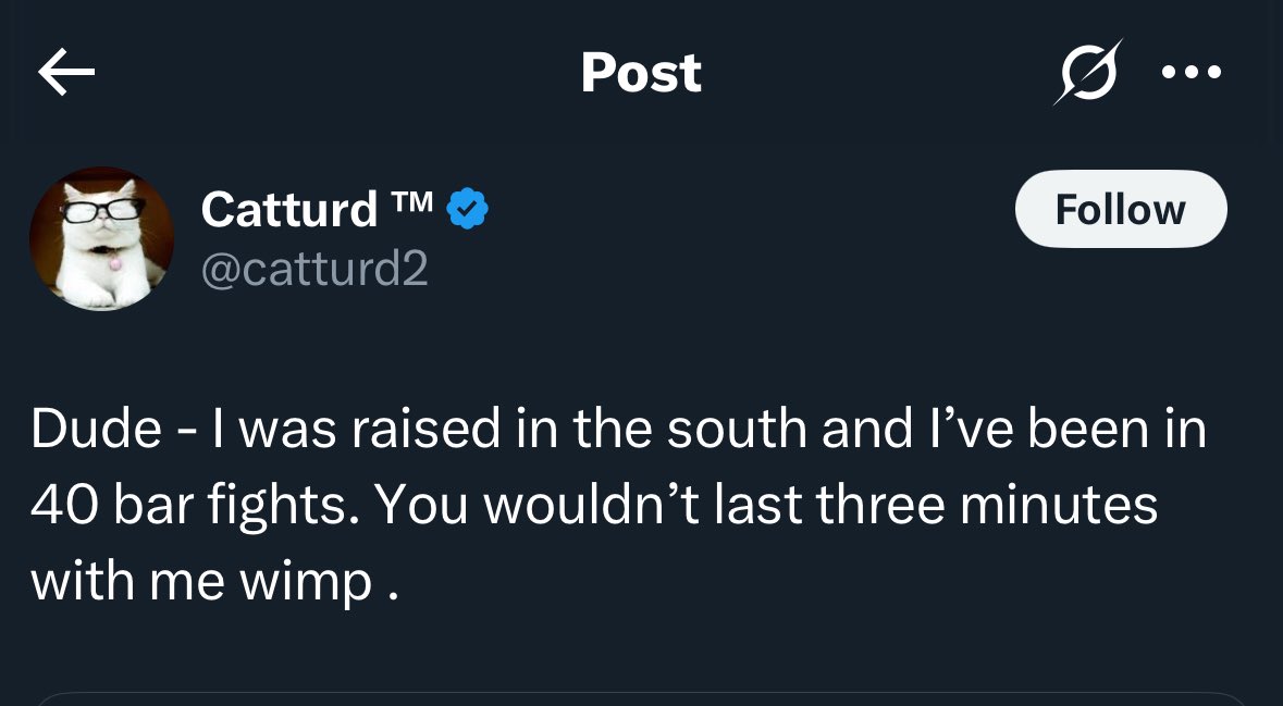 Catturd may have done the impossible 

I never thought a post could match or eclipse the legendary Barney Frank’s Nipples tweet, but I think this one did. Let’s walk through the brilliance of it:

1. “Dude” - the ideal start to a late boomer/early Gen X post

2. “I was raised in