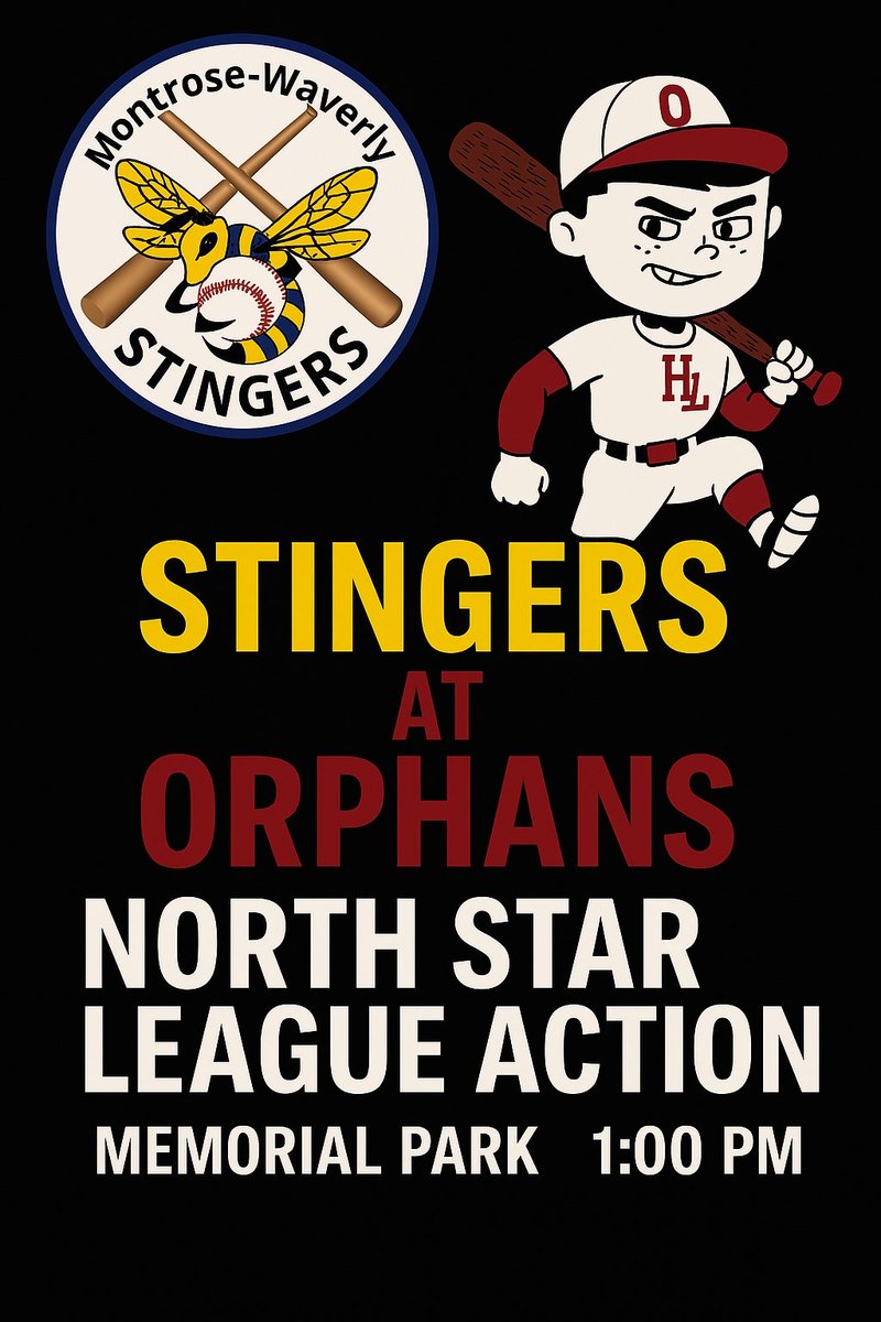 Montrose/Waverly Stingers (@mwstingers) on Twitter photo We're on the road today for a midday matinee.
1pm at <a href="/HLOrphans/">Howard Lake Orphans</a>
#getbuzzed
#nowaspsprayallowed #getithot We're on the road today for a midday matinee.
1pm at <a href="/HLOrphans/">Howard Lake Orphans</a>
#getbuzzed
#nowaspsprayallowed #getithot
