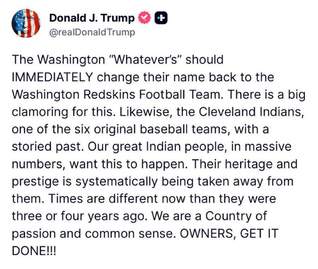 uSTADIUM's tweet image. President Trump once again calls for the Washington “Whatever’s” to go back to the Redskins.