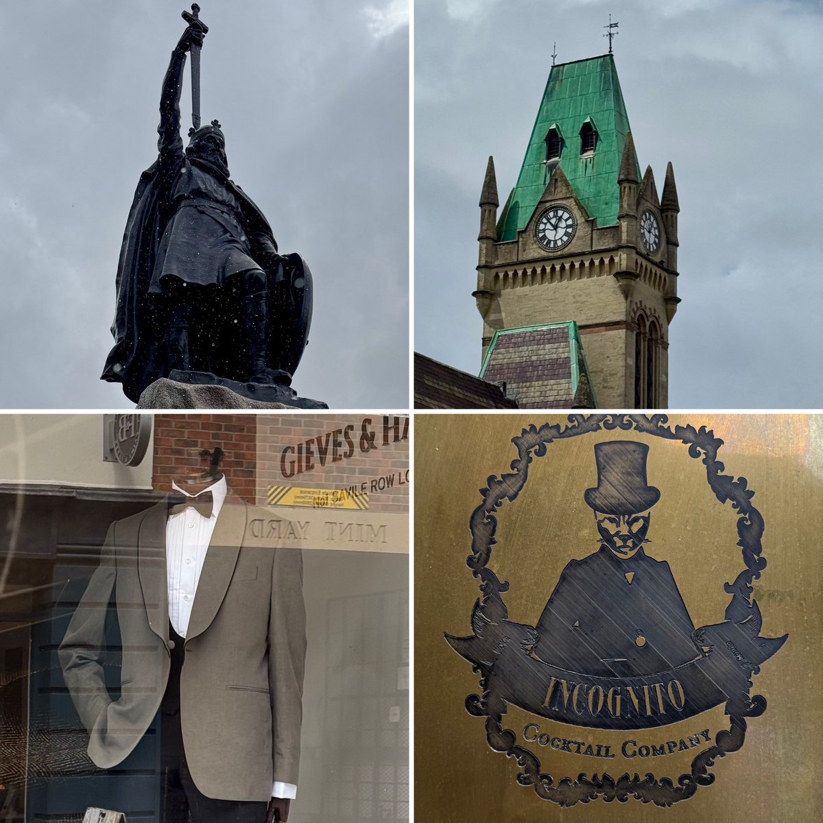 context_outside's tweet image. Winchester Trip. Summarised.
“Mod” motability scooter, a man with hats, will the Jane Austen stuff never end ? A brooch I bought my wife and a pistachio croissant for breakfast.
The true King, the out of place gothic town council rooftop , good old Gieves and a strange plaque…