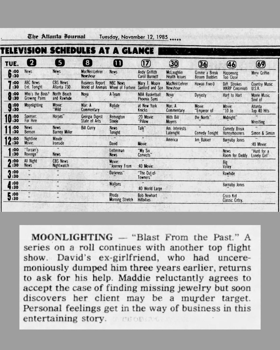 And here’s a few of the original television listings and ads from November 12, 1985 for Knowing Her (initially titled Blast From The Past) #moonlighting