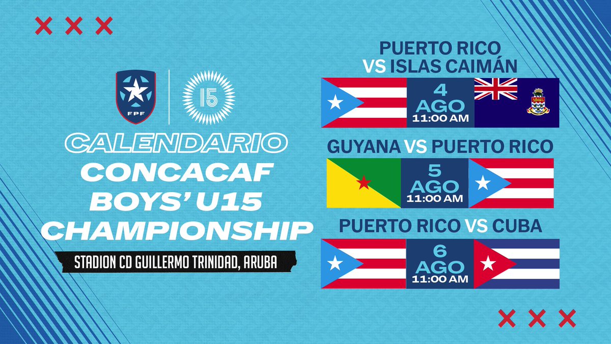 🇵🇷⚽️ Les compartimos el calendario oficial de la Selección Sub-15 Masculina de Puerto Rico para el CONCACAF Boys' U-15 Championship, que se jugará del 2 al 10 de agosto de 2025 en Aruba.

¡Vamos Puerto Rico! 🔥