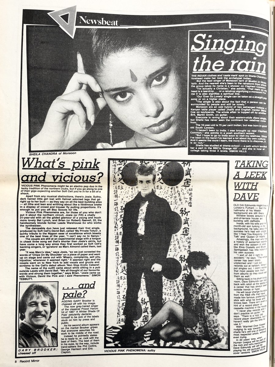 Sheila Chandra of Monsoon, Vicious Pink Phenomena, Dave Edmunds, Gary Brooker.
Record Mirror, 3 April 1982.