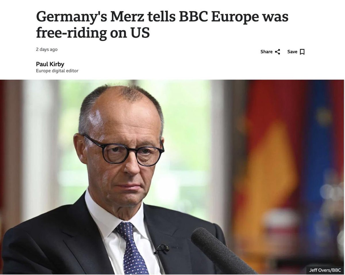 Doranimated's tweet image. German Chancellor Friedrich Merz admits Europe has been free riding on defense but says that’s changing.