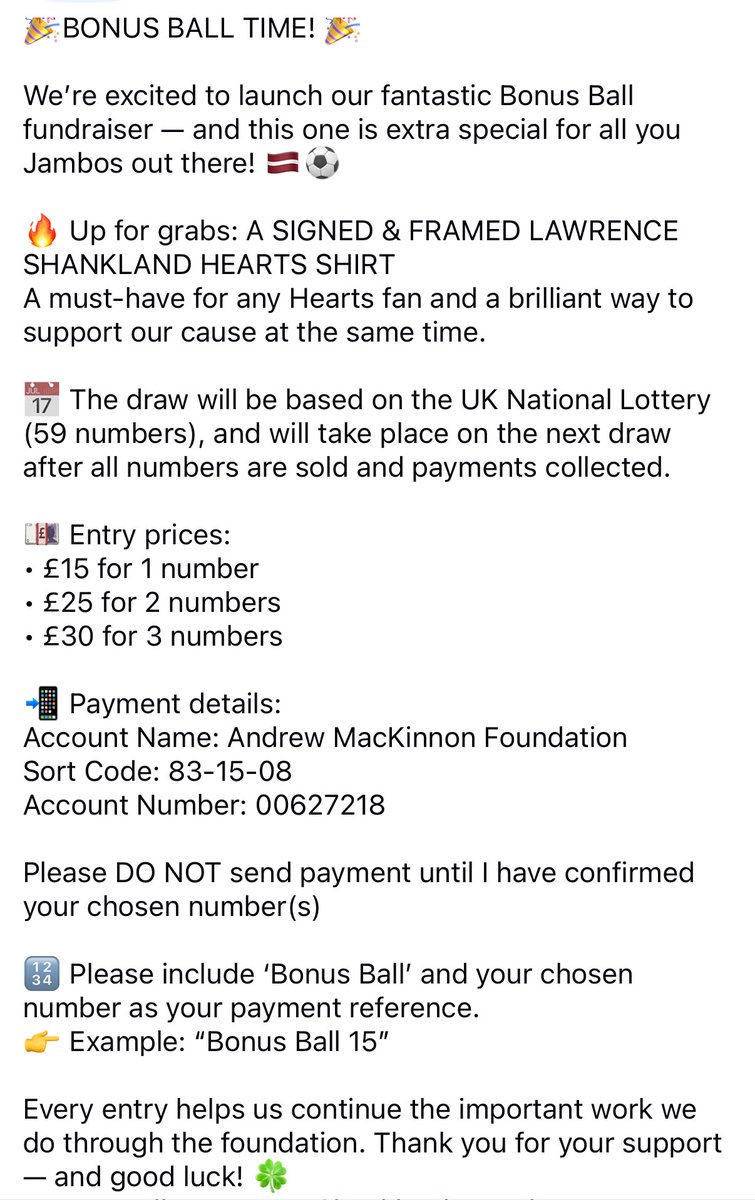 Forever15AMF's tweet image. 20 numbers left in our bonus ball for a signed/framed Lawrence Shankland shirt.

1, 17, 18, 20, 24, 27, 28, 30, 32, 35, 37, 41, 43, 44, 45, 48, 50, 54, 56, 58

Hopefully get these sold in time for the lottery draw on Wednesday night.