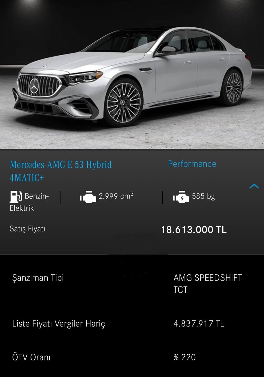 2025 model Mercedes AMG E 53’ün fiyatı:

🔺 Vergi Hariç: → 4.837.917 TL
🔺 Vergi Dahil: → 18.613.000 TL