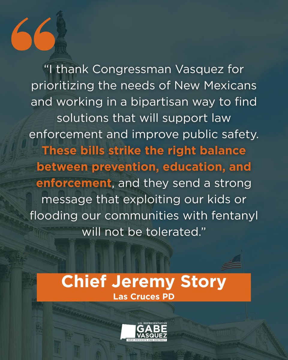 RepGabeVasquez's tweet image. Last week, I introduced the Stop COYOTES Act and the No More Narcos Act to stop human smugglers, fentanyl traffickers, and cartels in our border communities. I’m proud to share that the Las Cruces and Sunland Park Police Departments agree these bills are a step in the right…